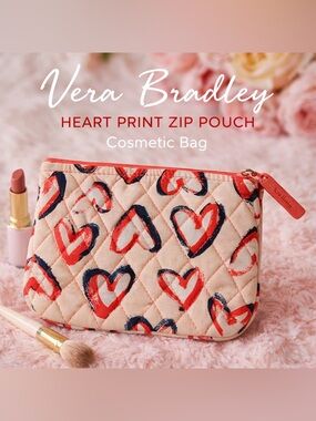 Vera Bradley Quilted Heart Print Zip Pouch Cosmetic Bag Red Navy